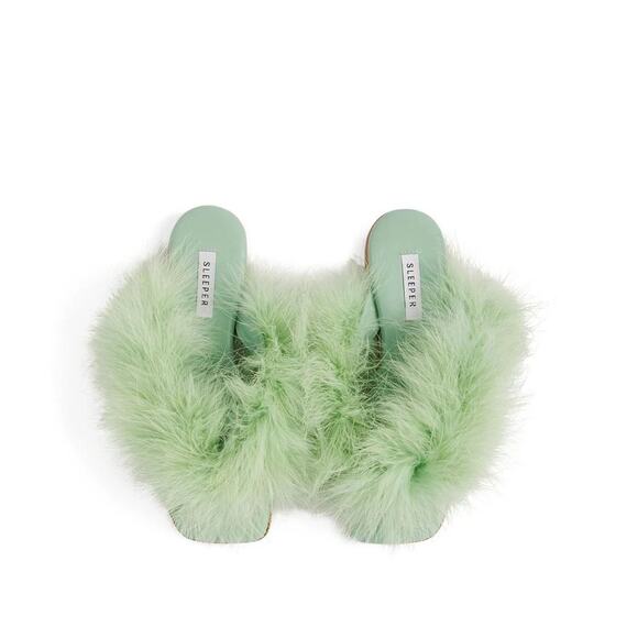 NWT Sleeper Pom Slides with Feathers in Mint - Size 35 - Picture 2 of 10